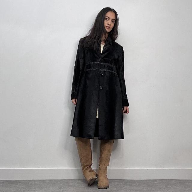 Black faux ponyhair fur peacoat coat