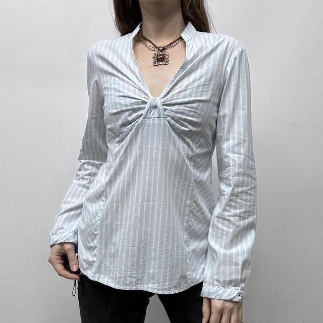 Blue pinstripe flared office shirt