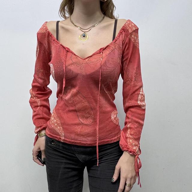 Sheer paisley mesh puff top
