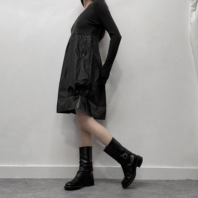 Pinstripe nylon pleated puff mini dress