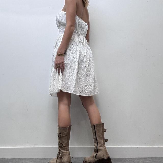 White embroidered cotton puff boob tube dress