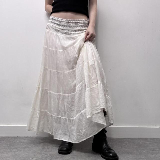 White flared embroidered maxi skirt