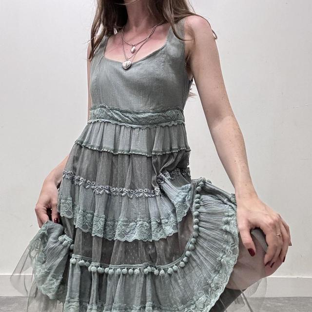 Flared lace mesh ruffle dress