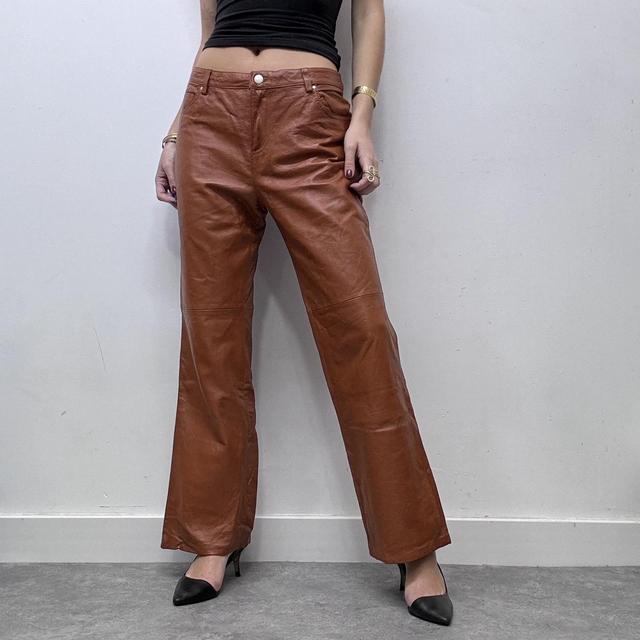 Tan orange leather flared straight leg trousers