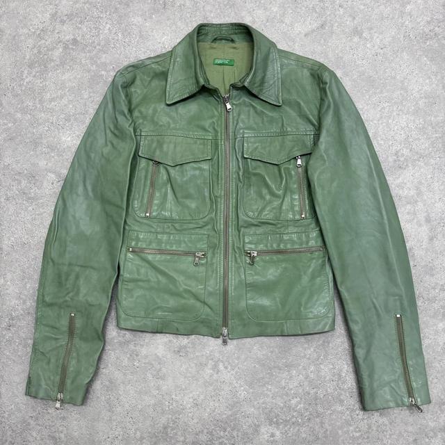 Green leather cargo jacket