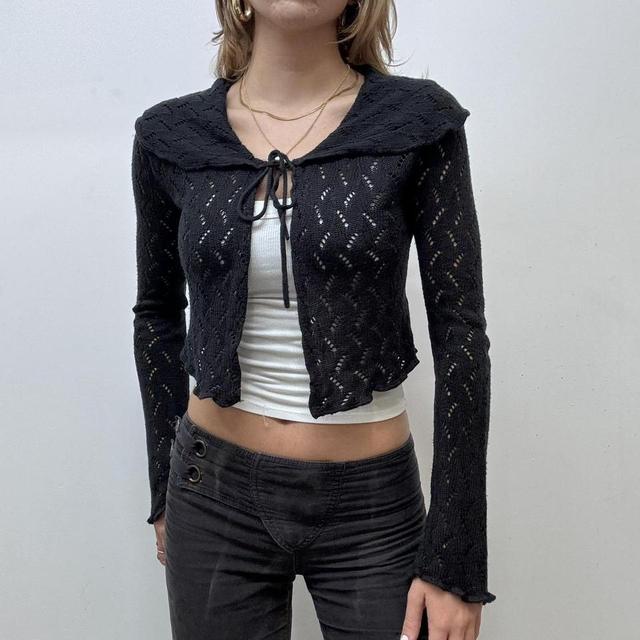 Black pointelle knit cardigan