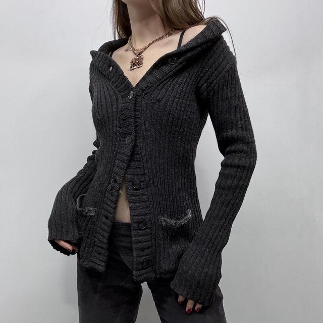 Dark grey slouchy ribbed knit cardigan
