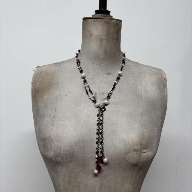 Layered chain pearl charm necklace