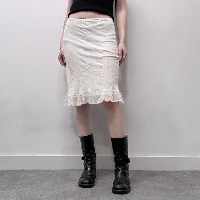 White embellished mesh mini midi skirt