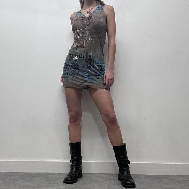 Sheer mesh brown graphic printed mini dress