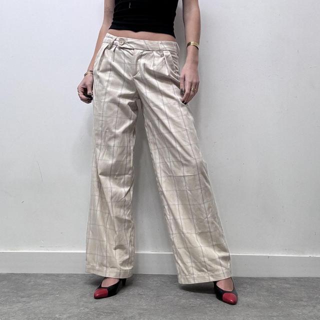 Beige flared wide leg checked suit trousers