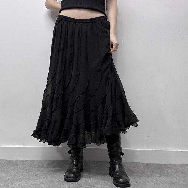 Black layered ruffle gothic midi skirt