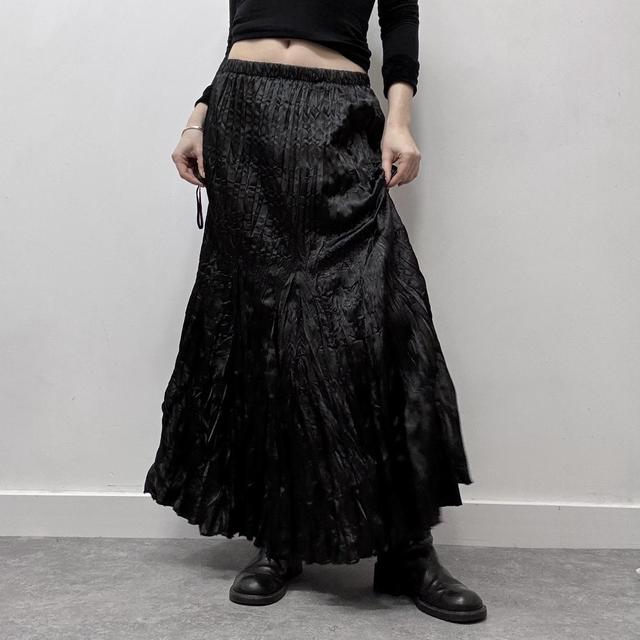 Black crinkle satin flared maxi skirt