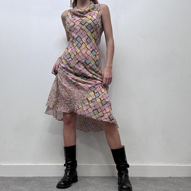 Pink checked print cowl neck midi dress