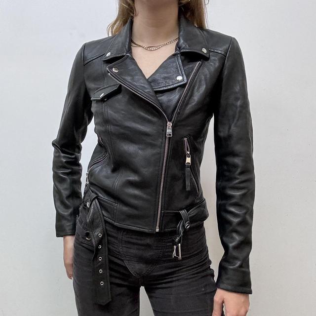 Cropped black leather biker jacket