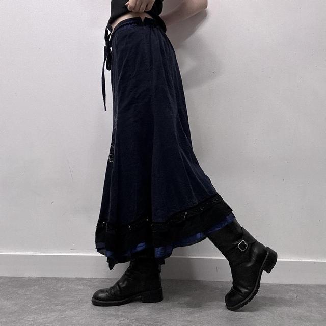 Navy corduroy embroidered ruffle maxi skirt