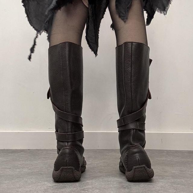 Brown leather slouchy wrap cargo boots