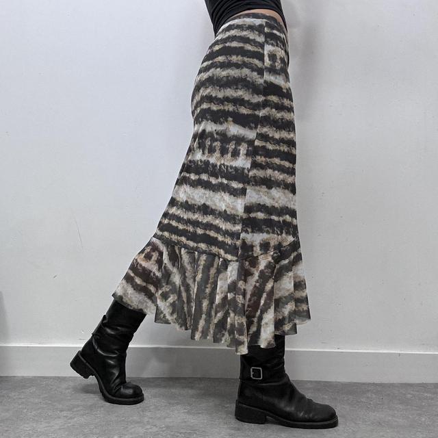 Sheer mesh distressed print ruffle midi skirt