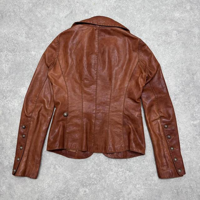 Brown leather asymmetric military jacket