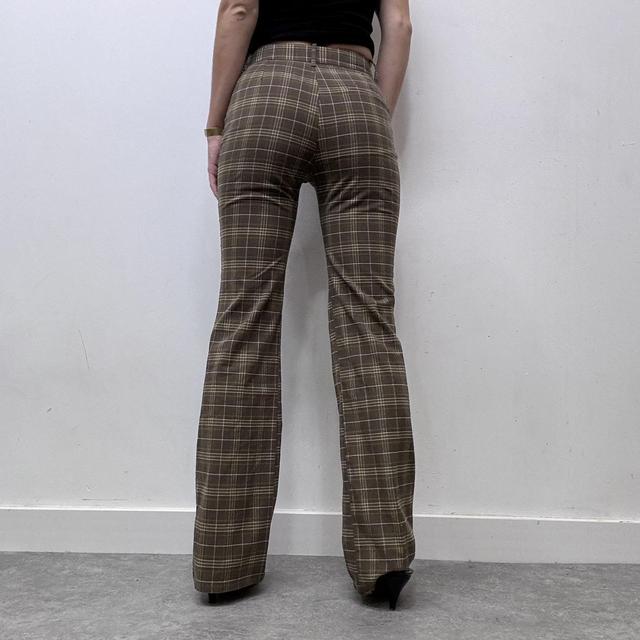 Brown tartan checked flared leg trousers