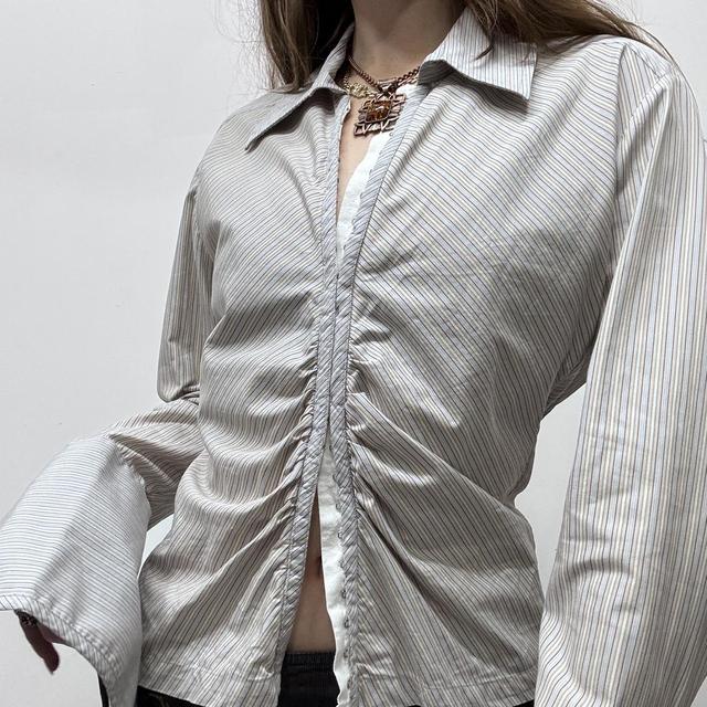 Corset gathered pinstripe flared office shirt