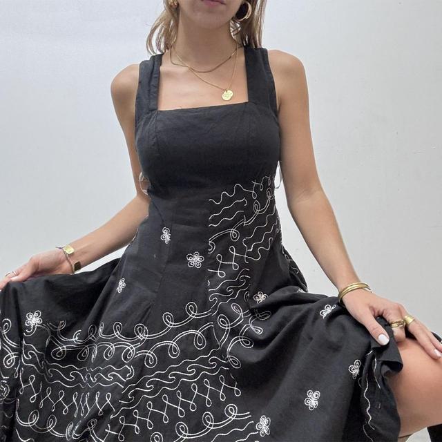 Black boho embroidered flared midi dress