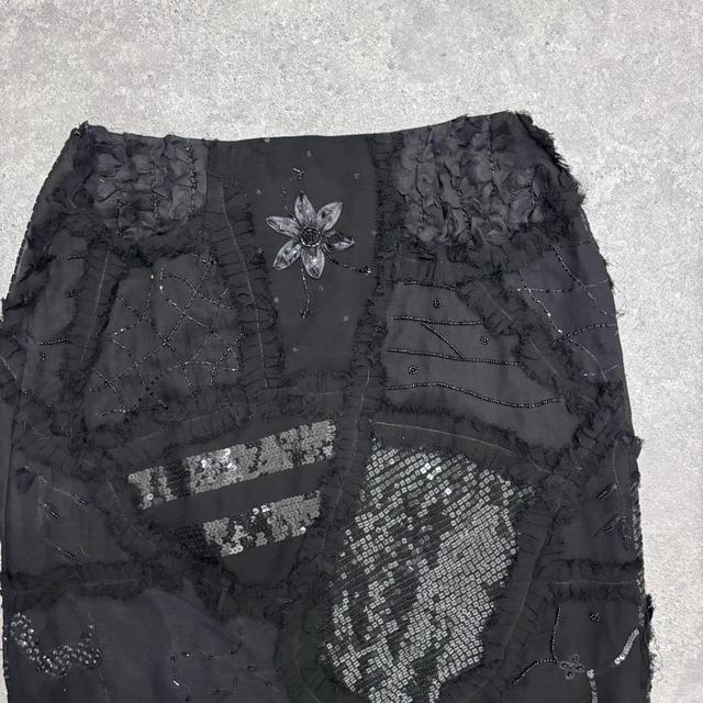 Black sheer embroidered lace midi skirt