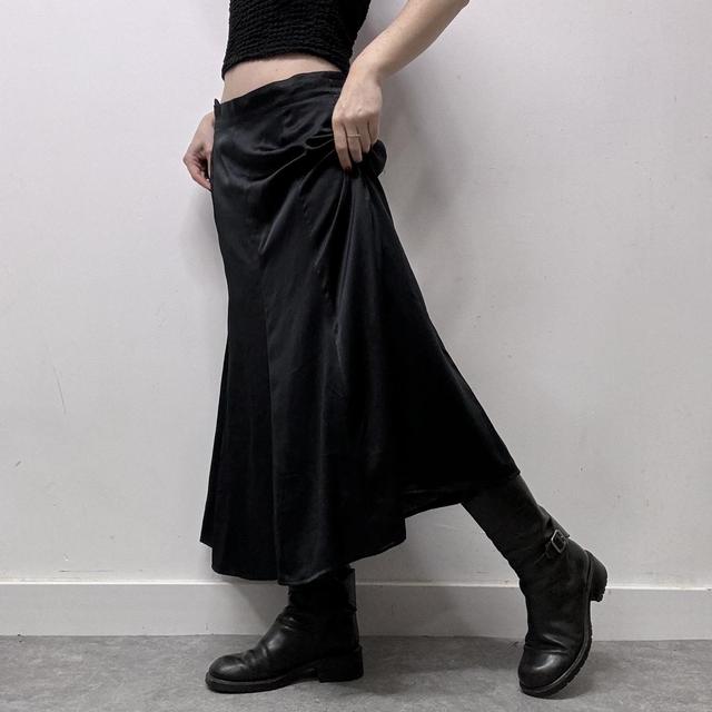 Black silk flared midi skirt