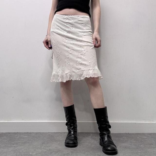 White embellished mesh mini midi skirt