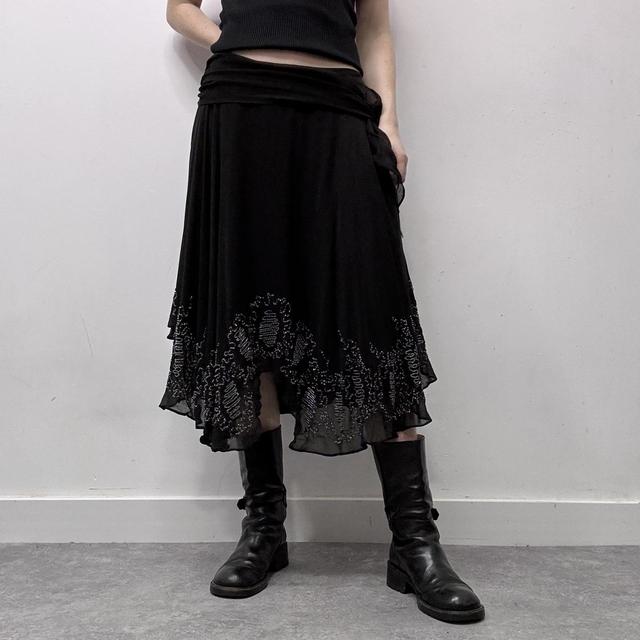Flared layered beaded silk drape skirt