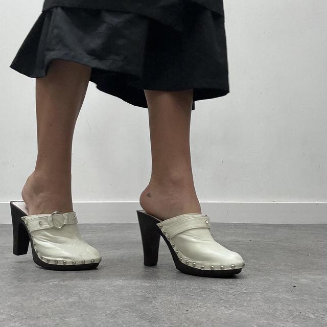 White studded buckle mule heels
