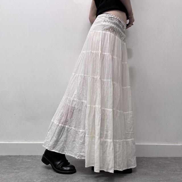 White flared embroidered maxi skirt