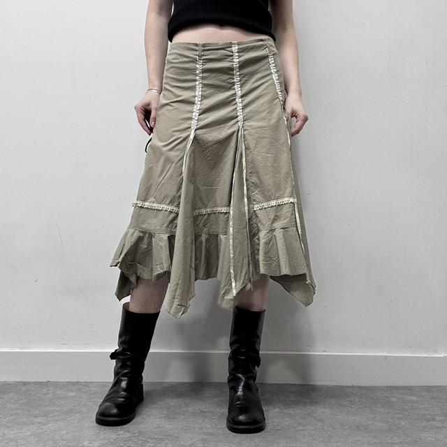 Khaki ribbon asymmetric midi skirt