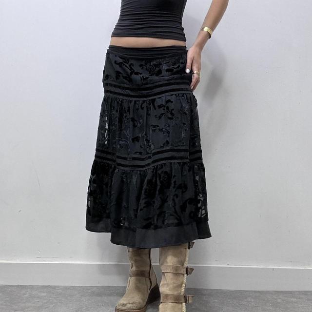 Black tiered velvet floral patterned midi skirt