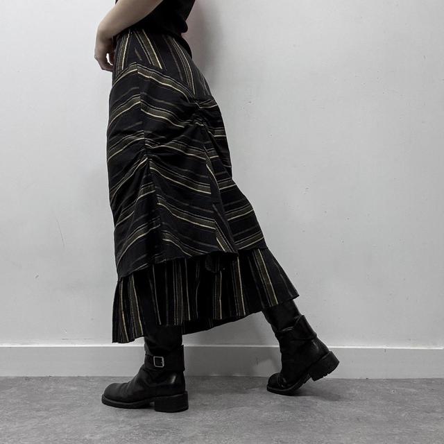Pinstripe asymmetric ruched midi skirt