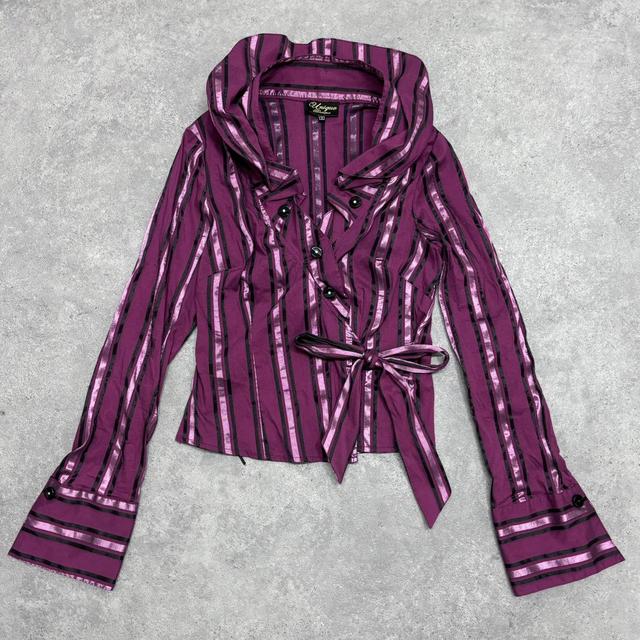 Pink pinstipe ruffle office shirt