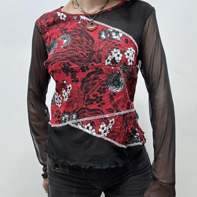 Black mesh red floral top