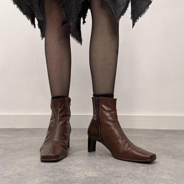 Brown leather heel ankle boots