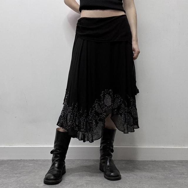 Flared layered beaded silk drape skirt