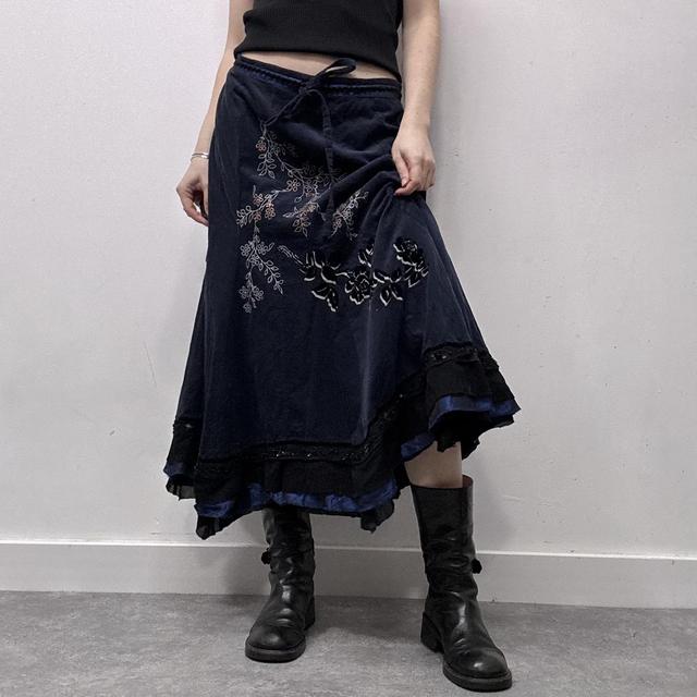 Navy corduroy embroidered ruffle maxi skirt