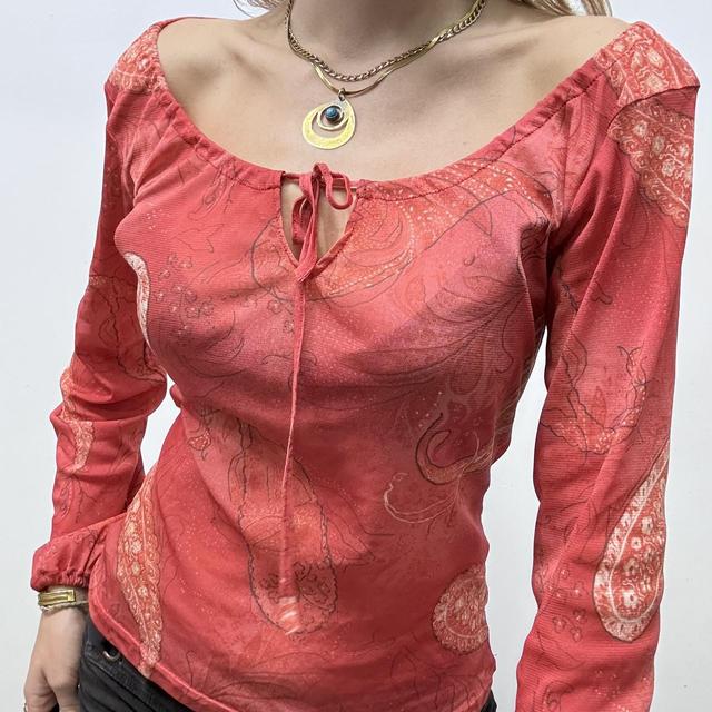 Sheer paisley mesh puff top