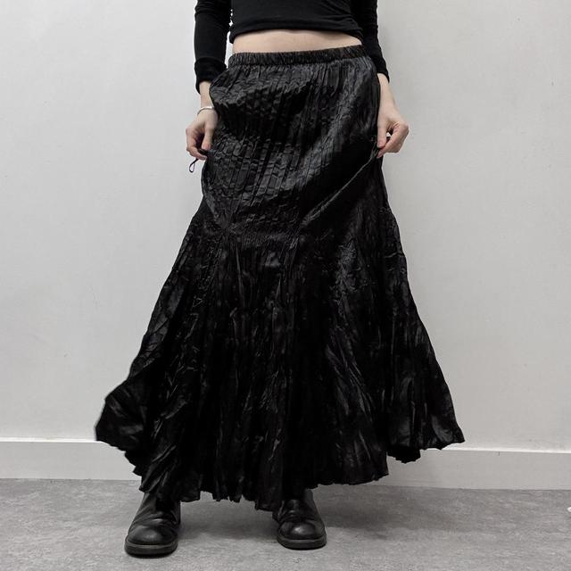 Black crinkle satin flared maxi skirt