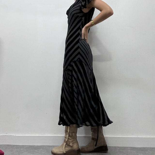Black bias cut striped velvet maxi dress