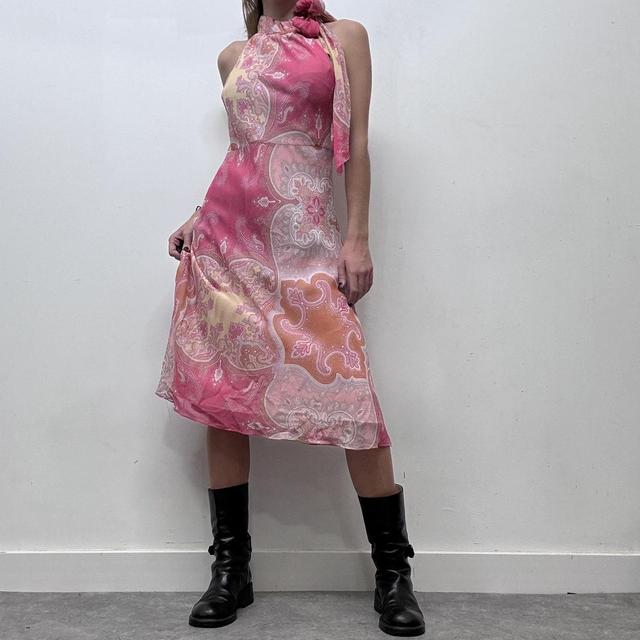 Pink sheer floral paisley bow neck dress