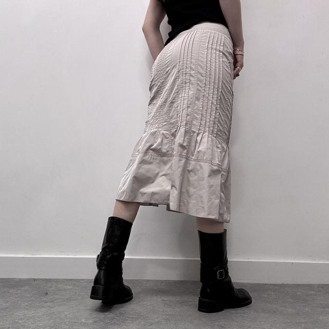 Tan pleated flared midi skirt