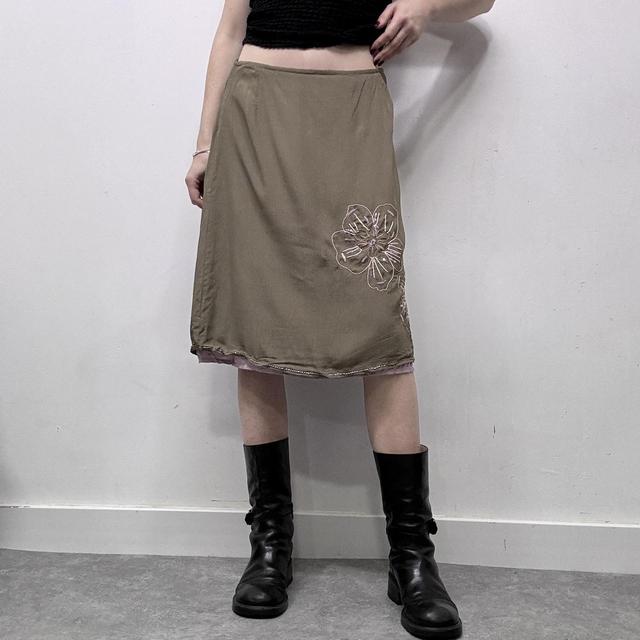 Khaki silky layered midi skirt