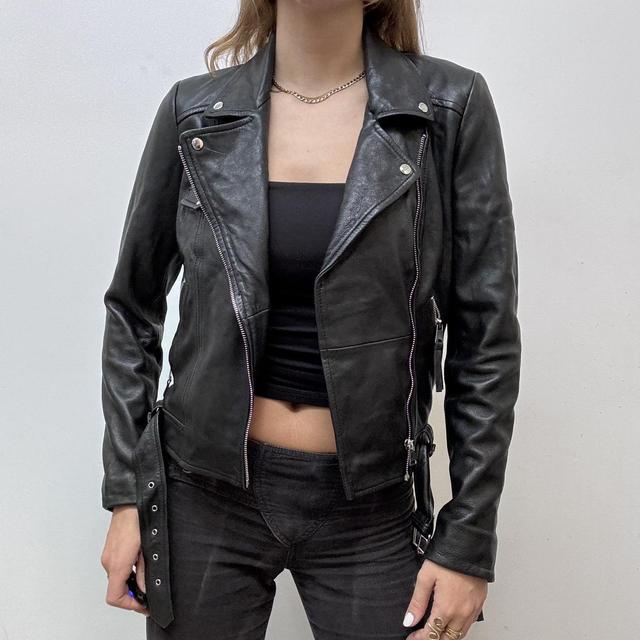 Cropped black leather biker jacket