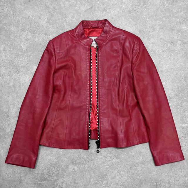 Red leather diamond studded zip jacket
