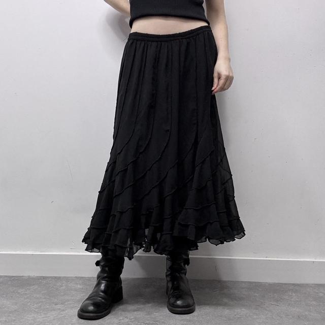 Black layered ruffle gothic midi skirt