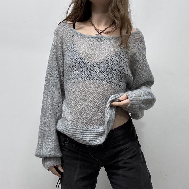 Grey wide neck lacey knit jumper